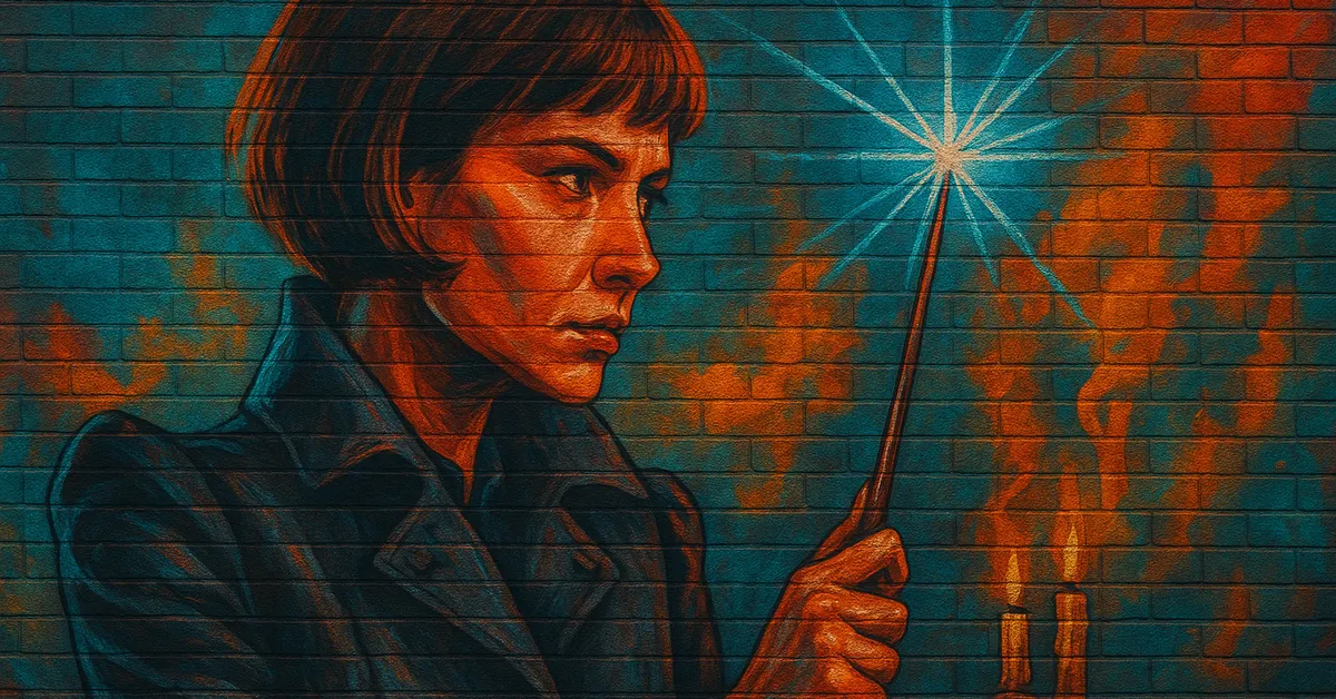 street art of Porpentina Goldstein holding a lit wand with a determined look wearing a dark coat