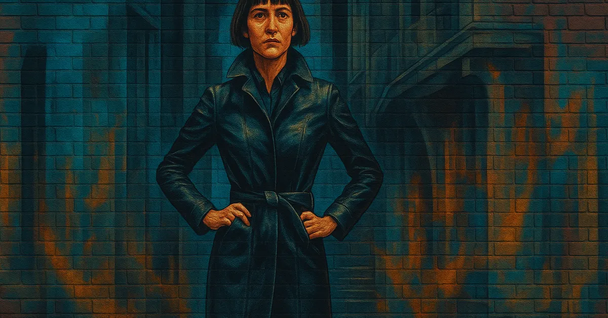 mural of Porpentina Scamander standing confidently with hands on hips wearing a long dark trench coat