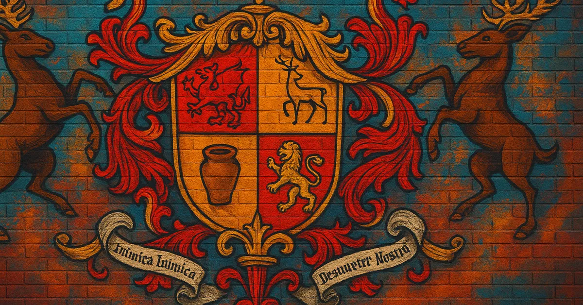 graffiti mural of the Potter Family crest featuring a shield with a stag, lion, and griffin supported by two stags