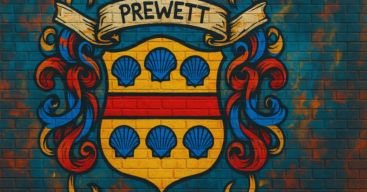 street art of the Prewett Family crest displaying six blue scallop shells on a yellow and red shield