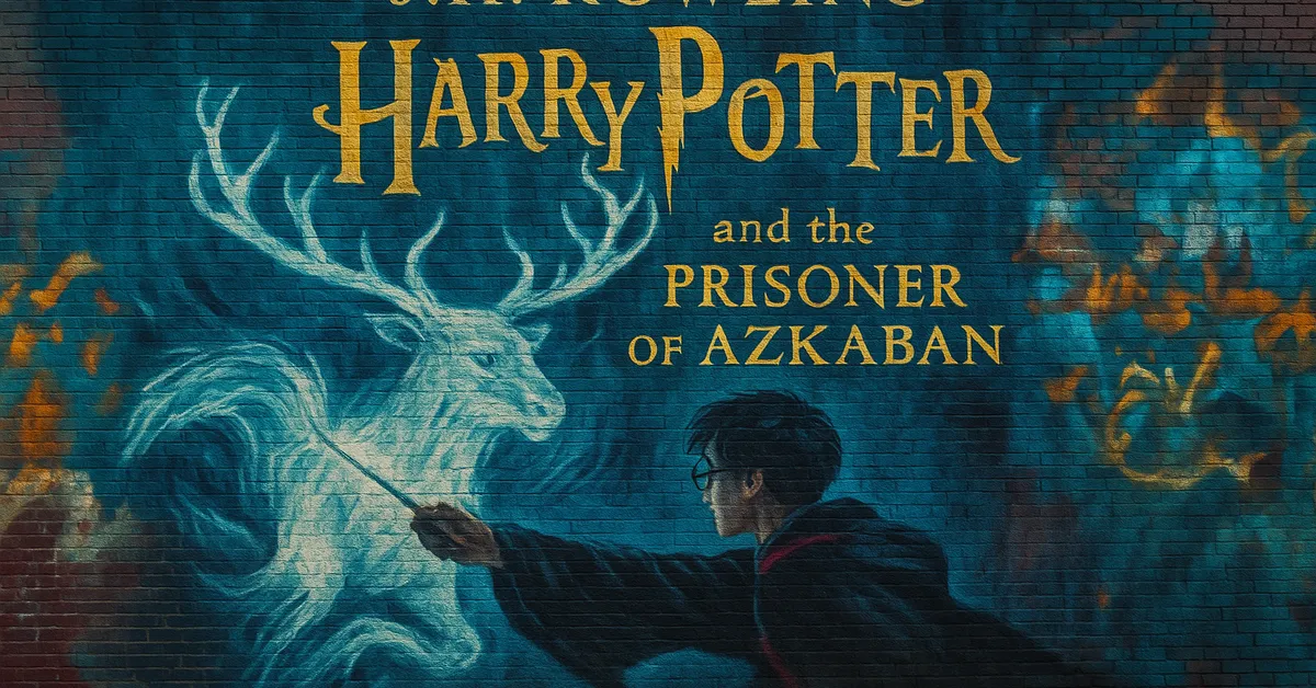 A large mural of Harry Potter casting a glowing stag Patronus with swirling blue magic surrounding the creature and book style title text for Prisoner of Azkaban above him