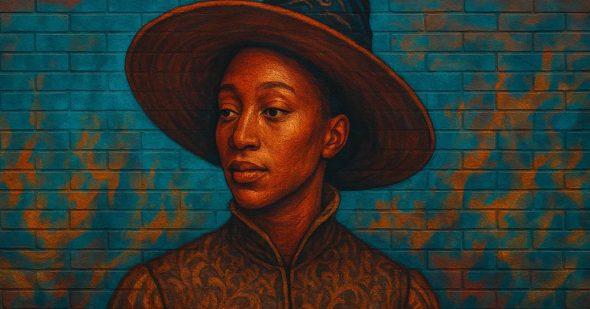 painting of Professor Aurora Sinistra wearing a large witch's hat and patterned robes looking off to the side