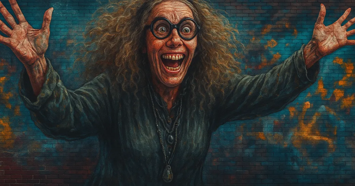 graffiti mural of Professor Charity Burbage with wild hair and round glasses looking manic with her hands thrown up