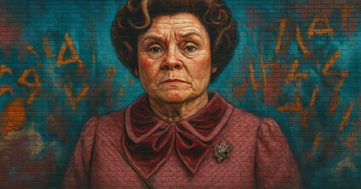 mural of Professor Dolores Umbridge wearing a pink outfit with a large bow and a stern toad-like expression