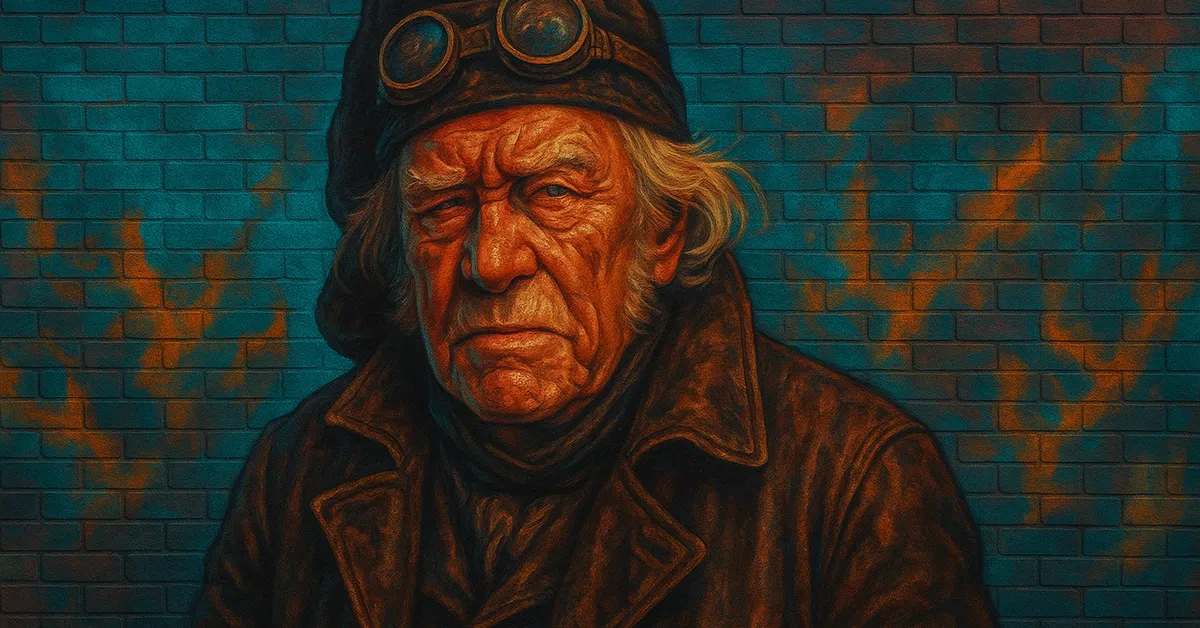 hyper-realistic painting of Professor Everard wearing flight goggles on his hat and a leather coat with a serious gaze