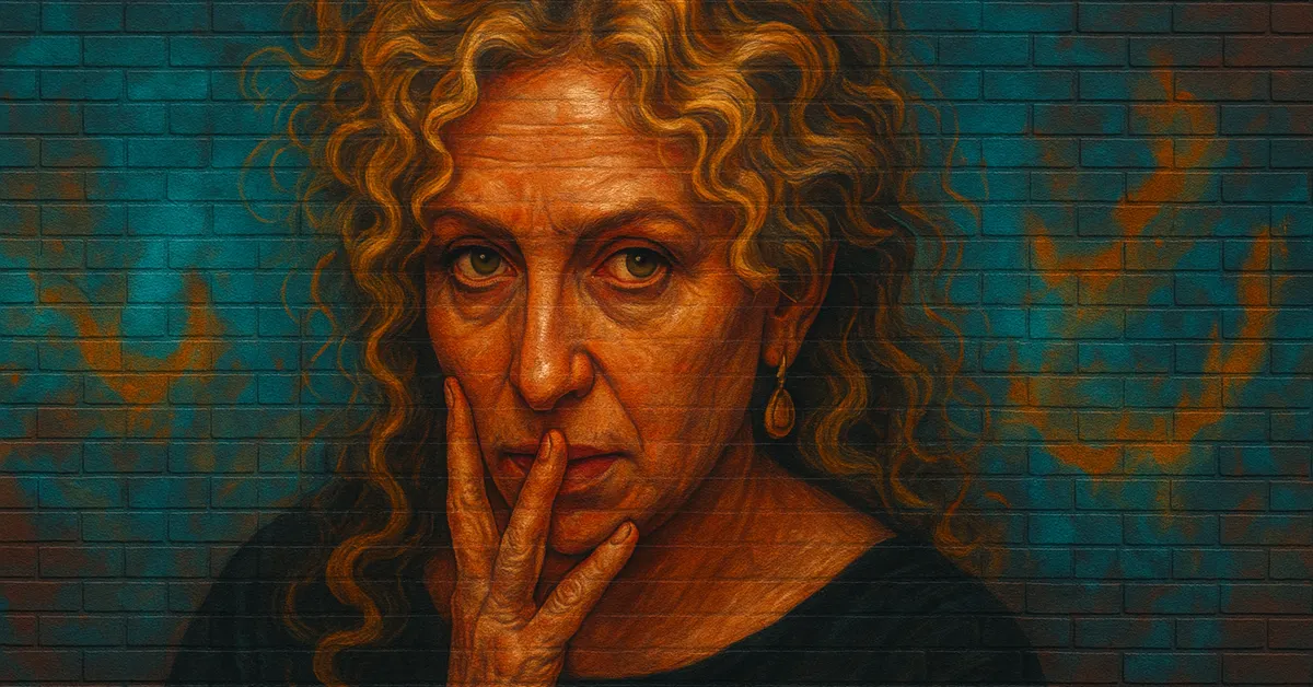graffiti mural of Professor Galatea Merrythought with curly hair looking intense with her hand resting near her mouth