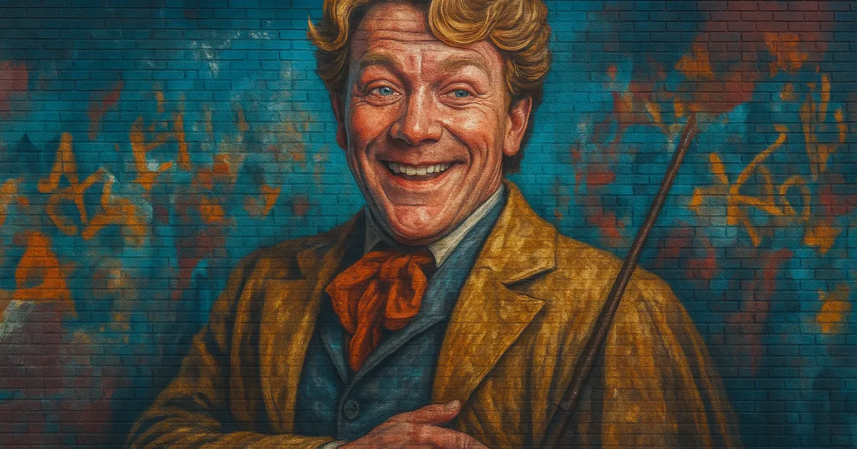 graffiti mural of Professor Gilderoy Lockhart with perfect blonde hair and a dazzling fake smile wearing a golden jacket
