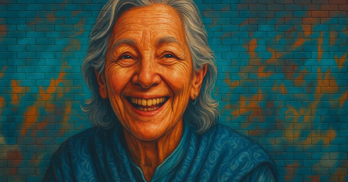 street art portrait of Professor Hecat, an elderly woman with grey hair and a warm smile wearing blue patterned robes