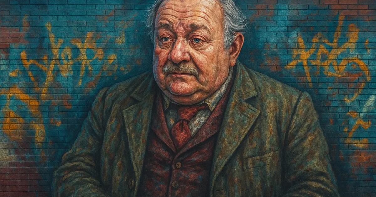 hyper-realistic street art of Professor Horace Slughorn, a portly elderly man with a walrus mustache and a weary expression wearing a velvet jacket