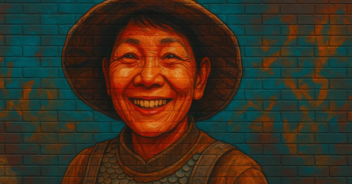 mural of Professor Howin wearing a wide-brimmed hat and chainmail tunic smiling broadly on a brick wall