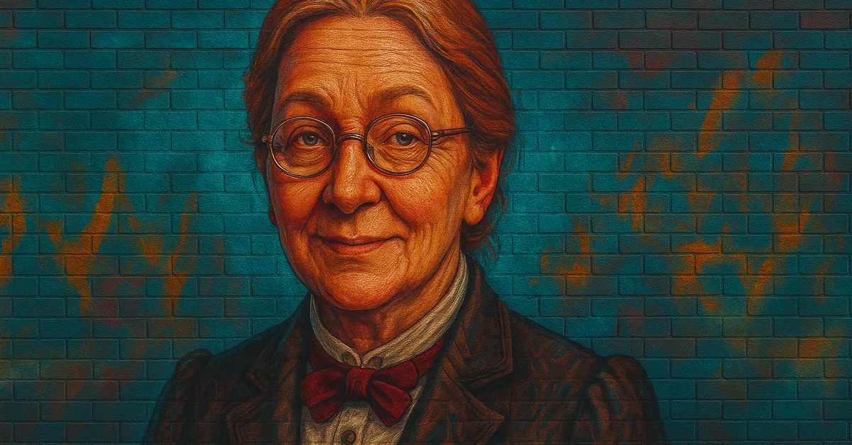 graffiti portrait of Professor Matilda Weasley wearing round glasses and a red bowtie with a gentle smile