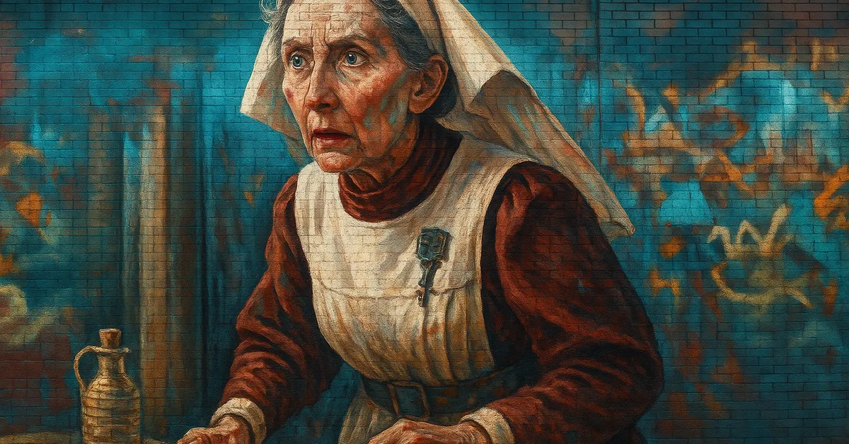 painting of Professor Poppy Pomfrey in a nurse's uniform looking concerned and leaning over a table with a potion bottle