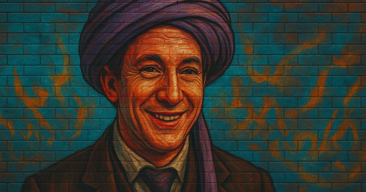 graffiti mural of Professor Quirinus Quirrell wearing a large purple turban and smiling nervously on a textured wall