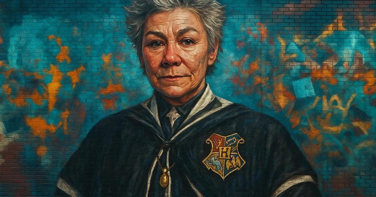 hyper-realistic street art of Professor Rolanda Hooch with spiky grey hair and piercing eyes wearing Quidditch robes and a whistle