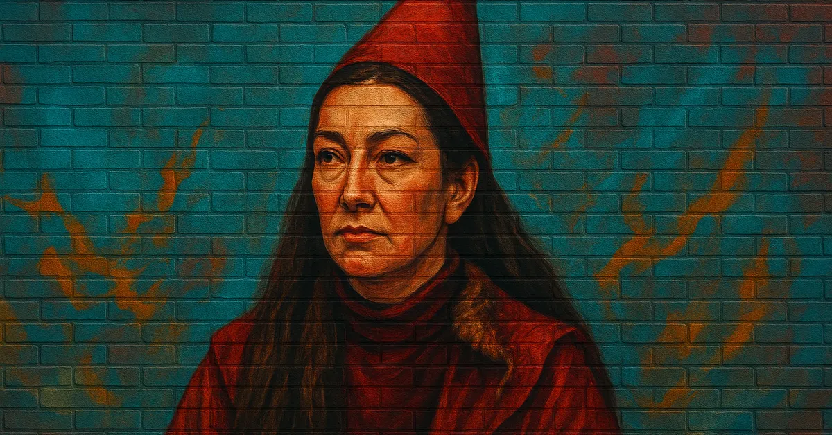 mural of Professor Septima Vector wearing a tall red pointed hat and looking serious against a blue brick background