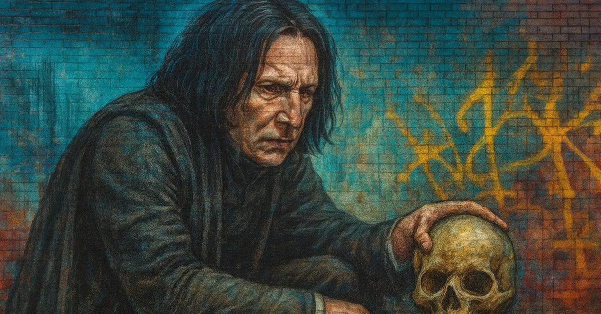 hyper-realistic street art of Professor Severus Snape with shoulder-length dark hair and a hooked nose looking solemn while crouching with his hand resting on a human skull
