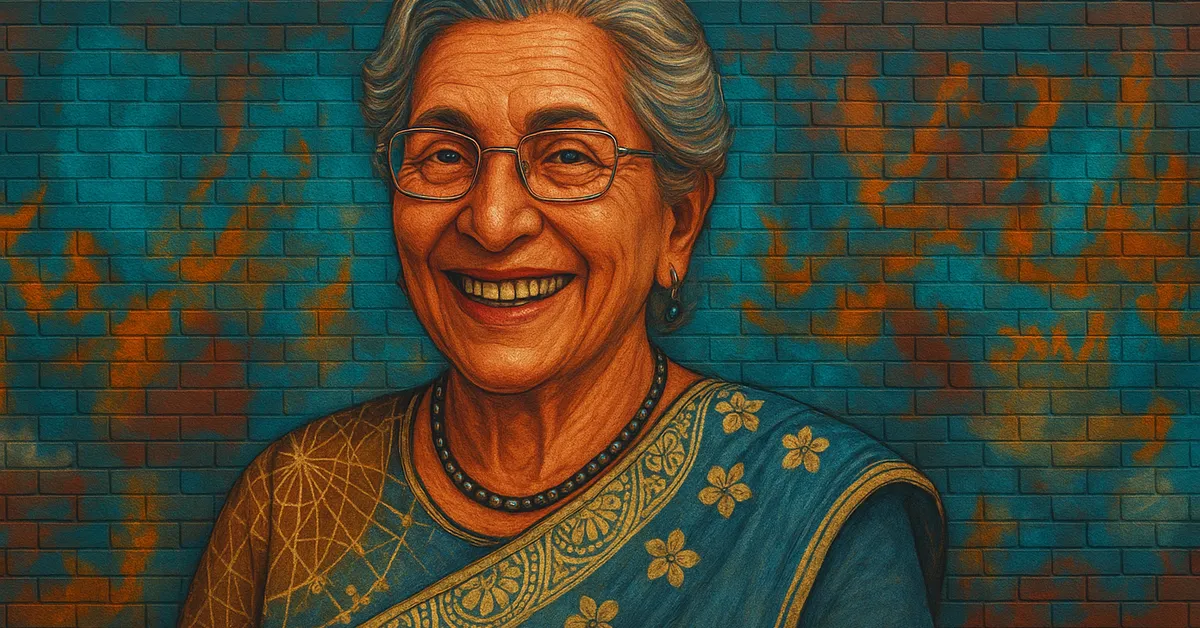 graffiti portrait of Professor Shah, an elderly woman with grey hair and glasses wearing blue robes with celestial gold patterns and smiling warmly