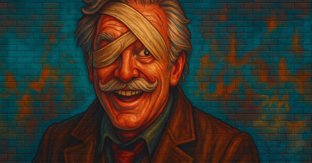 hyper-realistic street art of Professor Silvanus Kettleburn, a man with a bandaged eye and wild appearance smiling broadly on a textured wall