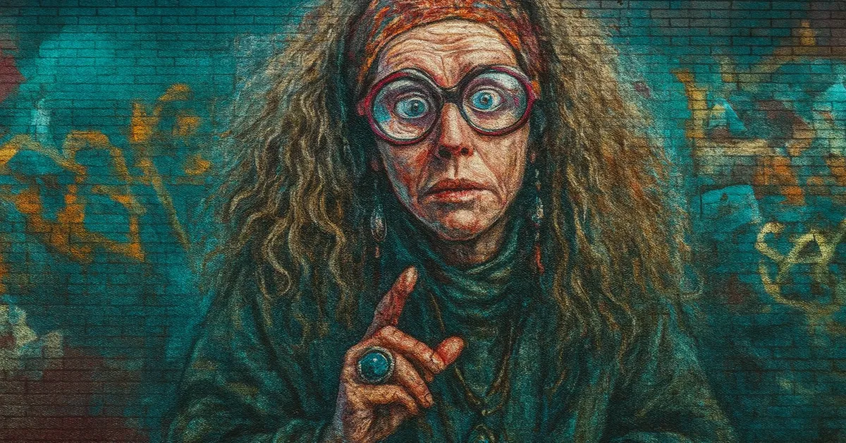 graffiti mural of Professor Sybill Trelawney with wild frizzy hair and large round glasses pointing her finger upward in a divination pose