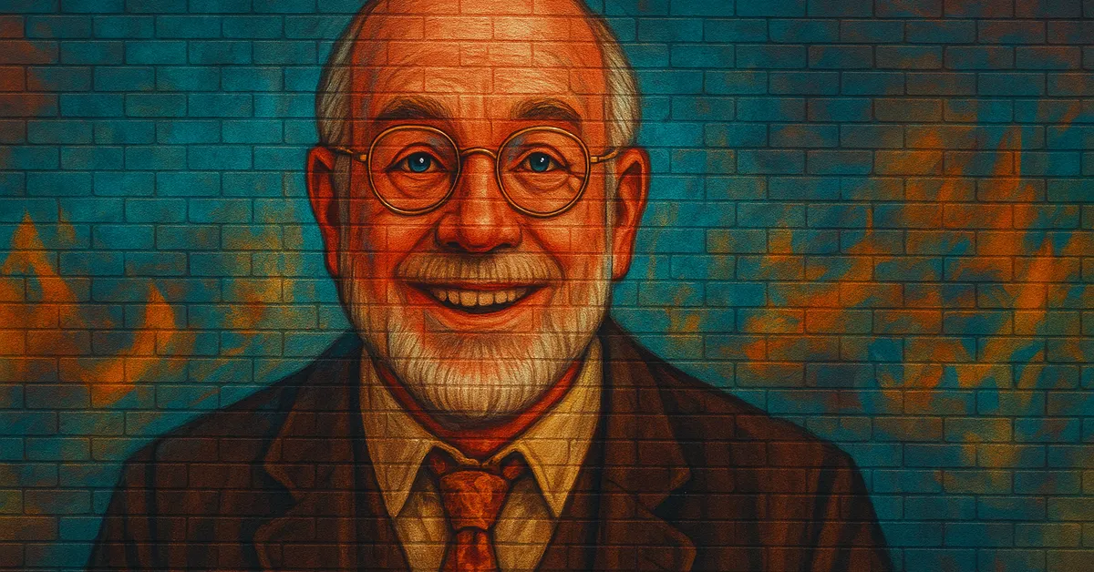 mural of Professor Tofty, a bald elderly wizard with round glasses and a white beard smiling pleasantly in a suit