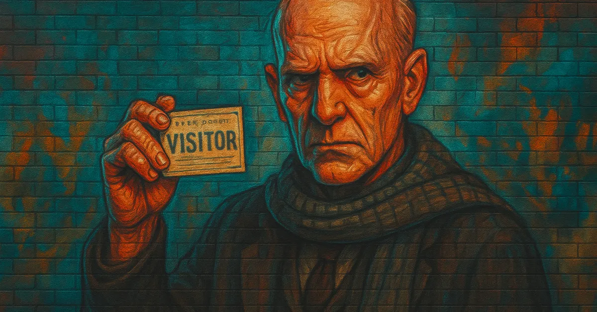 street art portrait of Professor Wilkie Twycross, a pale bald man looking stern and holding a visitor badge against a blue brick background