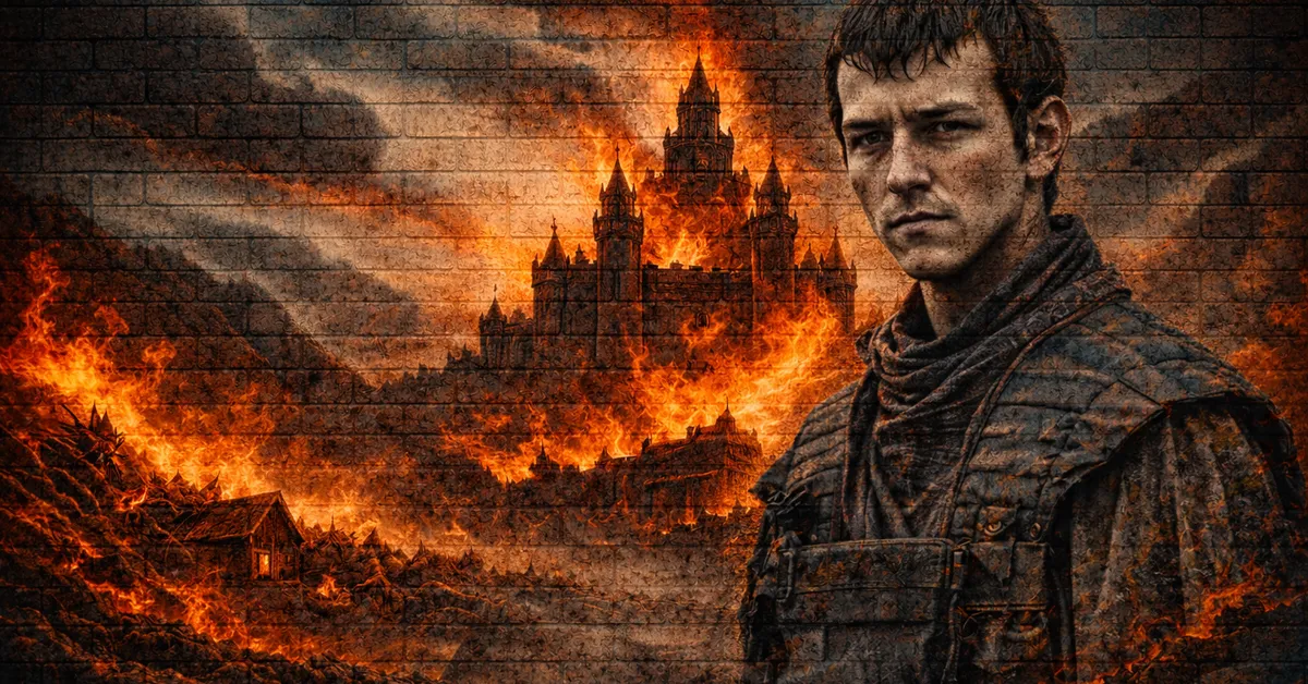 Pypar stands tall, determined and full of rage as the castle behind him crashes in flames