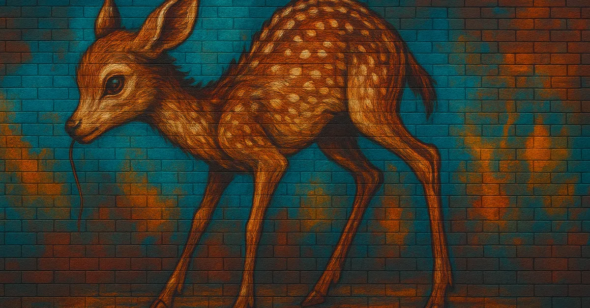 mural of a Qilin The Magical Creature depicting a small fawn-like animal with scales and large ears standing on a blue brick wall