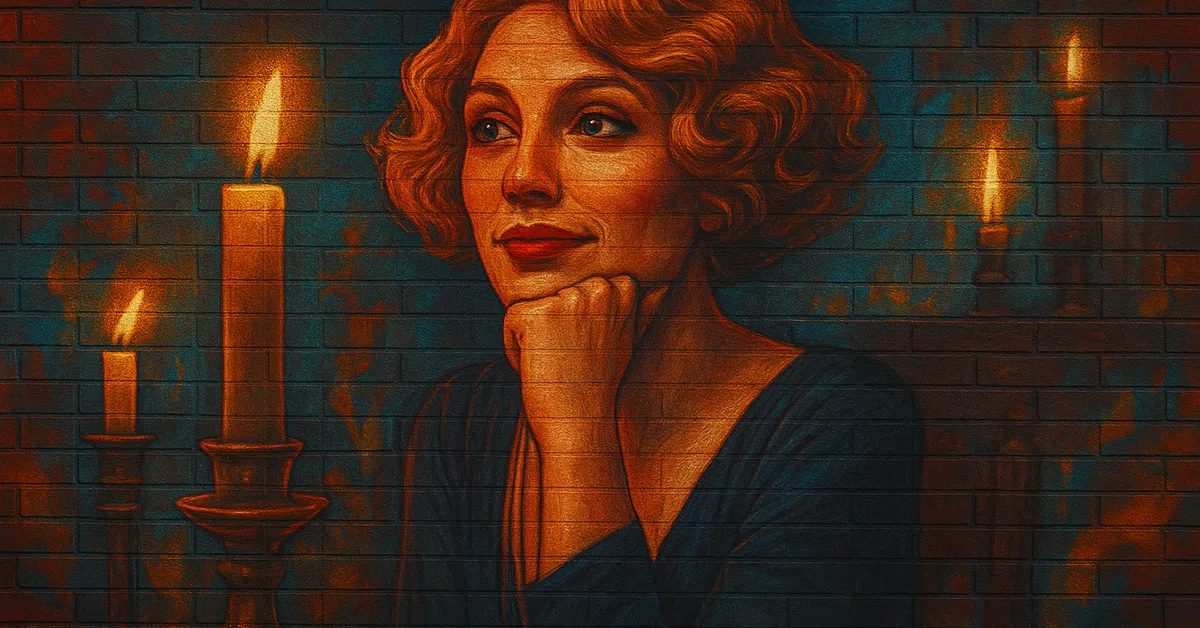painting of Queenie Goldstein, a blonde woman with a gentle smile resting her chin on her hand surrounded by floating candles