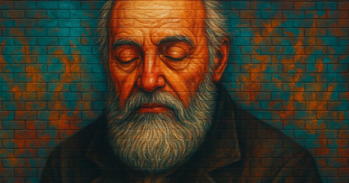 graffiti portrait of Quentin Trimble, an elderly bearded man with closed eyes and a somber expression wearing a dark coat