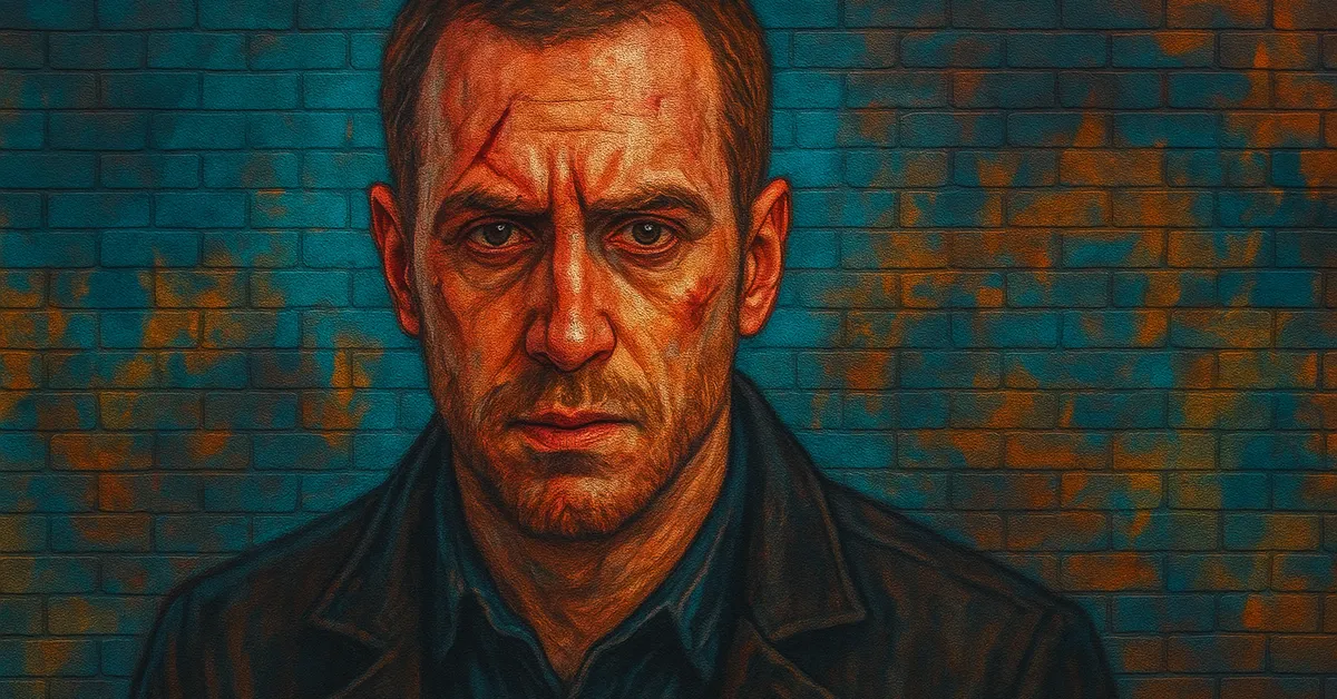 hyper-realistic street art of Quigley, a man with a scarred face and intense gaze wearing a dark jacket against a blue brick background