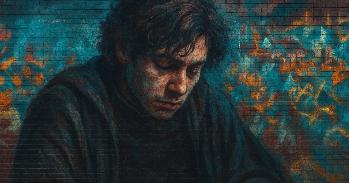 graffiti portrait of Rabastan Lestrange, a man with dark wavy hair and a heavy brow looking down with a somber expression