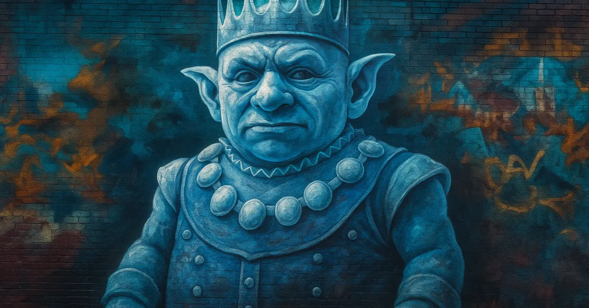 hyper-realistic street art of Ragnuk The Goblin wearing a spiked crown and heavy silver necklace looking stern and regal