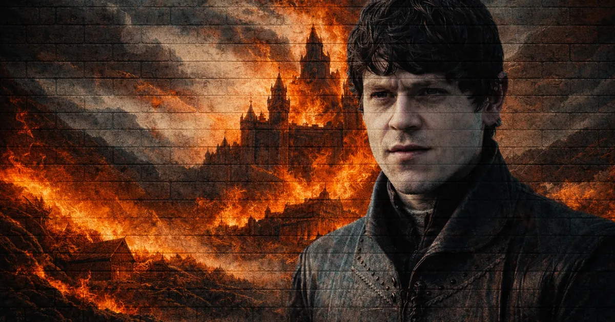 Ramsay Bolton looks angry as he prepares for a battle. His only castle burns behind him with no stop in sight