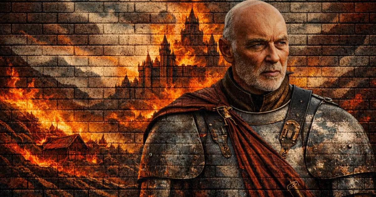 Randall Tarly stands in strength and confidence as his eyes fix on the future. the past of his burnt castle in the back ground