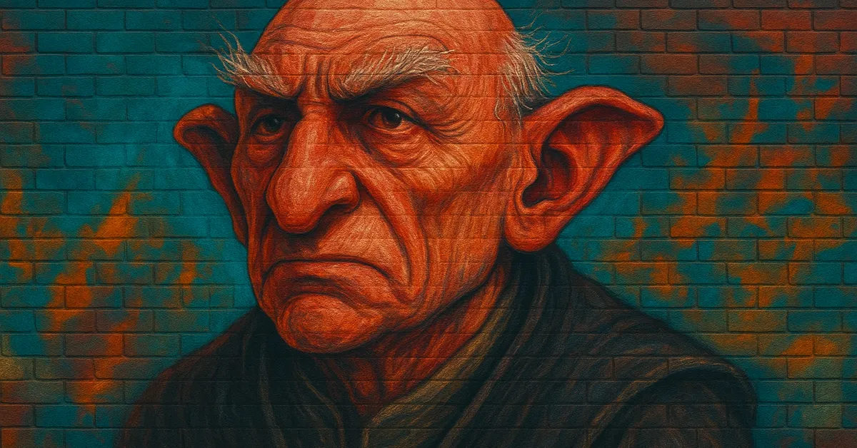 mural of Ranrok The Goblin, an elderly goblin with a bald head and prominent ears looking fierce in dark robes