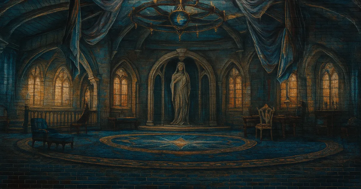 A mural of the Ravenclaw common room with tall arched windows a central statue draped fabrics and blue lit stone walls