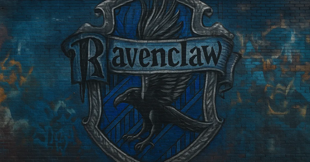 A mural of the Ravenclaw house crest showing a dark eagle with spread wings inside a silver frame on a blue brick wall
