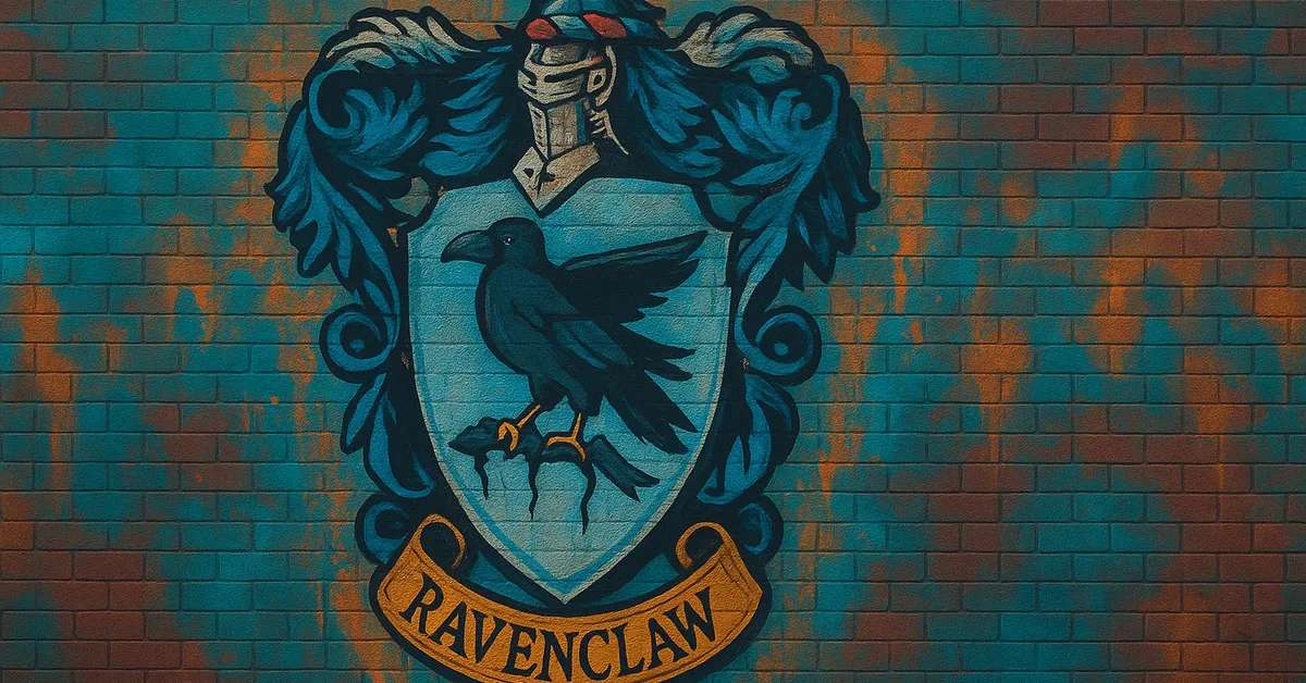 graffiti mural of the Ravenclaw Family crest featuring a black raven on a blue shield topped with a knight's helmet on a brick wall