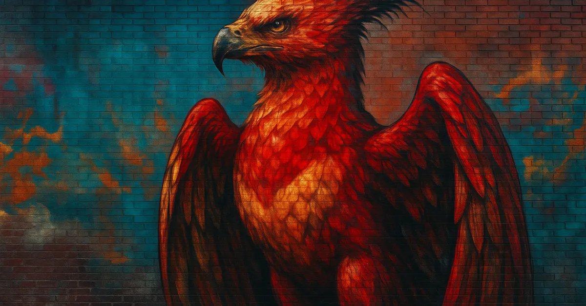 A mural of a large red phoenix with outstretched wings painted against a teal and orange background linking the creature to Fawkes from the Harry Potter world
