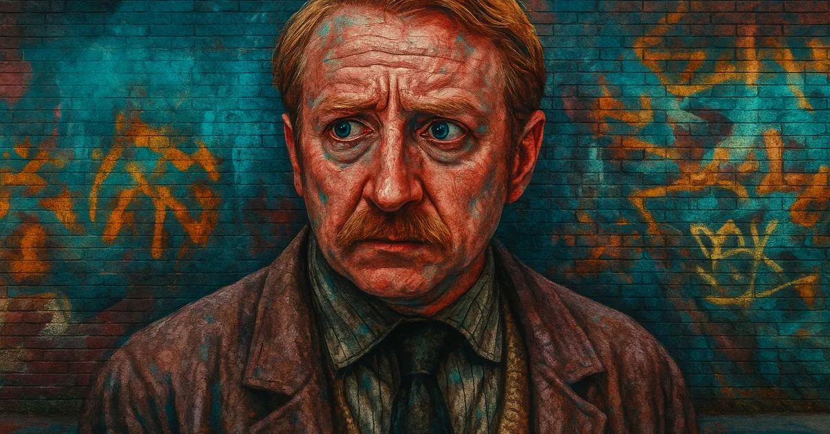 street art portrait of Reginald Cattermole, a man with reddish hair and a mustache looking anxious and fearful in a brown coat