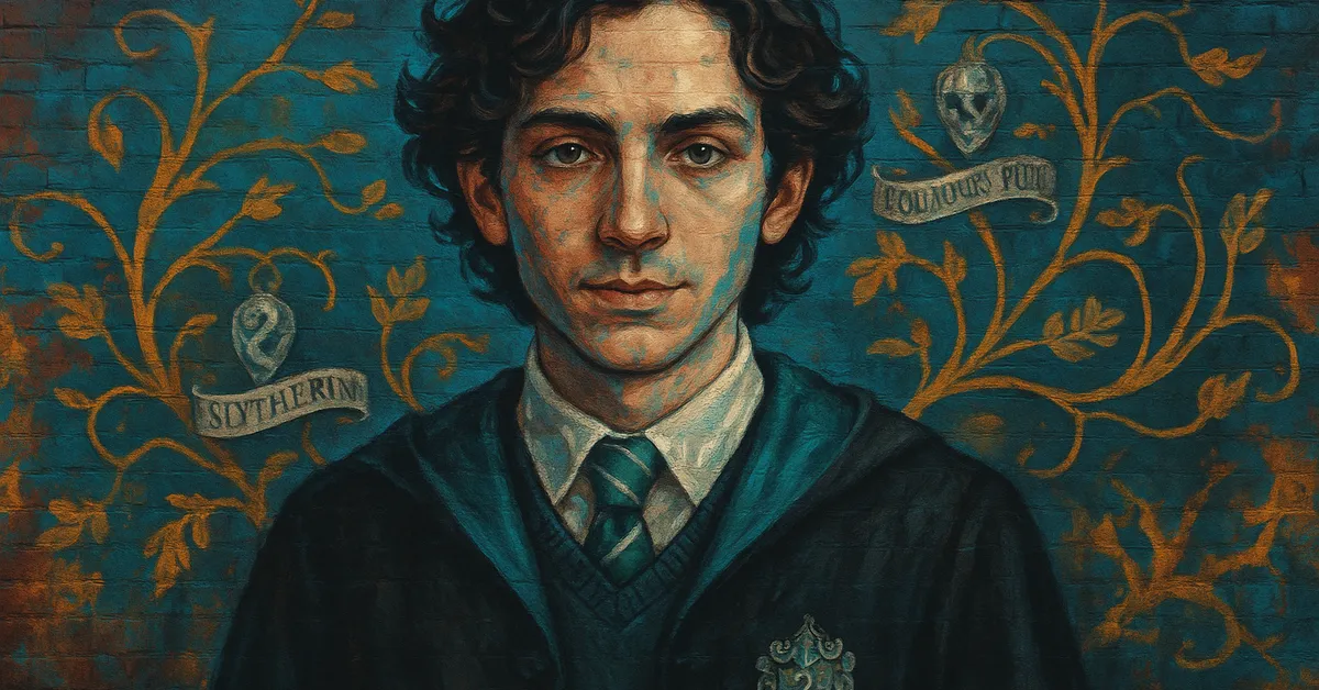 painting of Regulus Black, a young man with dark curly hair and a gentle expression wearing Slytherin robes against a patterned background