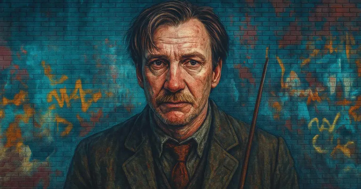 hyper-realistic mural of Remus Lupin, a man with facial scars and a mustache holding a wand with a serious expression