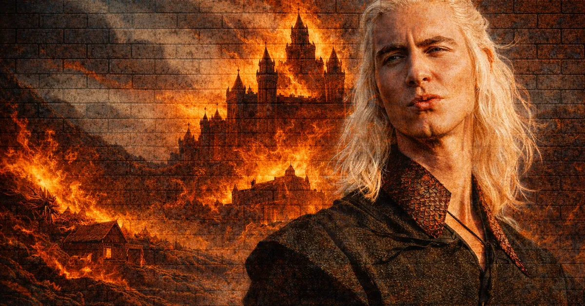 Rhaeger Targaryen looking flippant and happy as his blonde hairs waves in the wind. his castle burns in the background uncontrolled