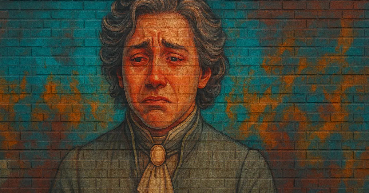 graffiti portrait of Richard Jackdaw, a man with wavy hair and a sad expression wearing a high-collared period jacket and cravat