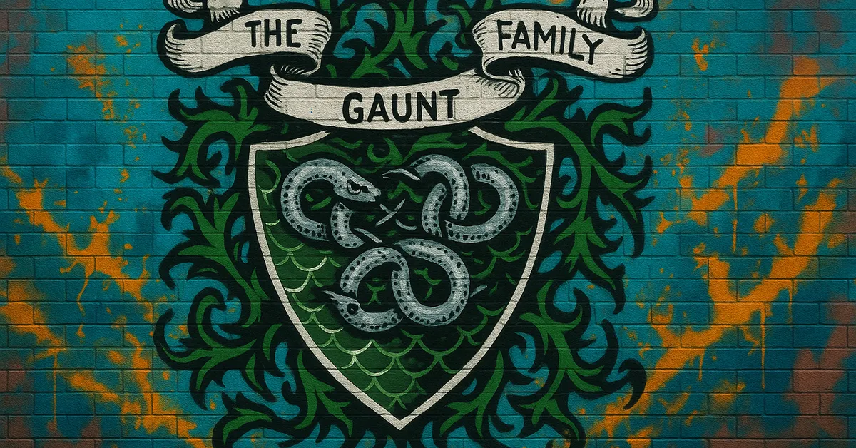 street art of a crest labeled The Gaunt Family featuring three knotted snakes on a green shield representing the Riddle ancestors