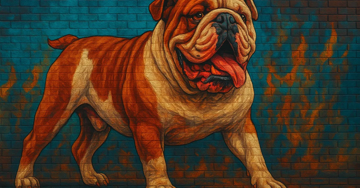 mural of Ripper The Dog, a muscular bulldog with an orange and white coat standing with an open mouth and aggressive stance