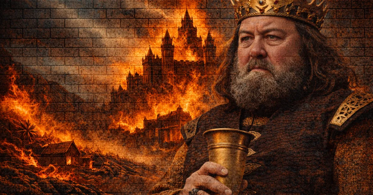 Robert Baratheon drinks from a horn as his castle is destroyed by an army of fire and flame