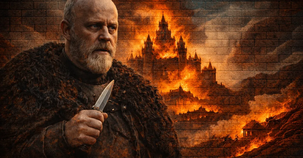 Robett Glover stands with a very small knife ready to protect what is left of his flame ruined land and castle