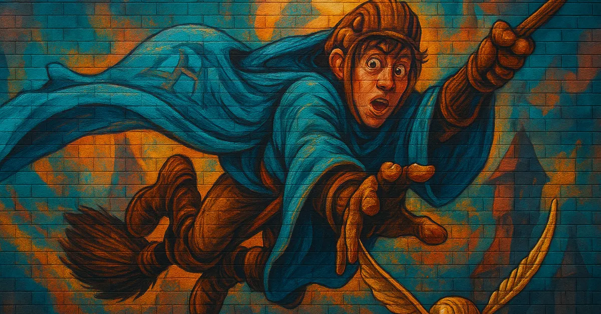 mural of Roderick Plumpton, a seeker reaching out for a Golden Snitch while flying on a broomstick with a look of surprise