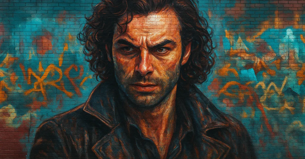 hyper-realistic painting of Rodolphus Lestrange, a man with dark curly hair and an intense menacing stare wearing a dark leather coat
